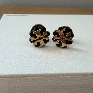 Tory Burch Gold and Black Logo Stud Earrings